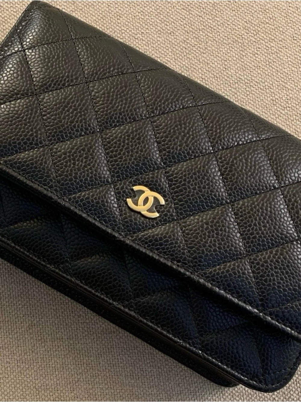 Chanel WOC Quilted Caviar Leather Wallet Clutch in Black with Gold CC